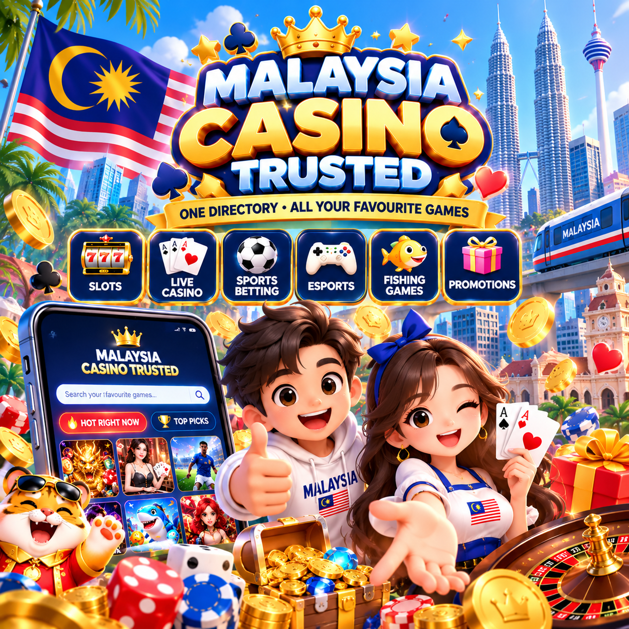 Malaysia Casino Trusted artwork with Malaysian landmarks and casino-themed illustrations.